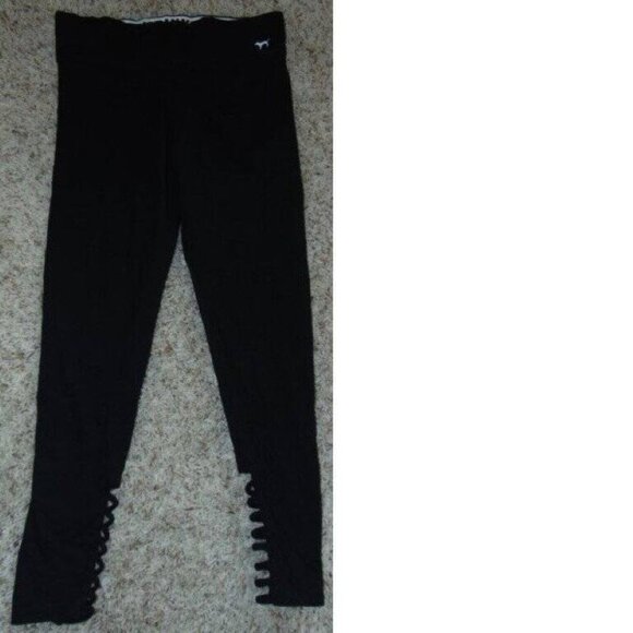 Womens Victorias Secret PINK Yoga Crop Pants Medium Black White Logo Strappy Leg - Picture 1 of 6